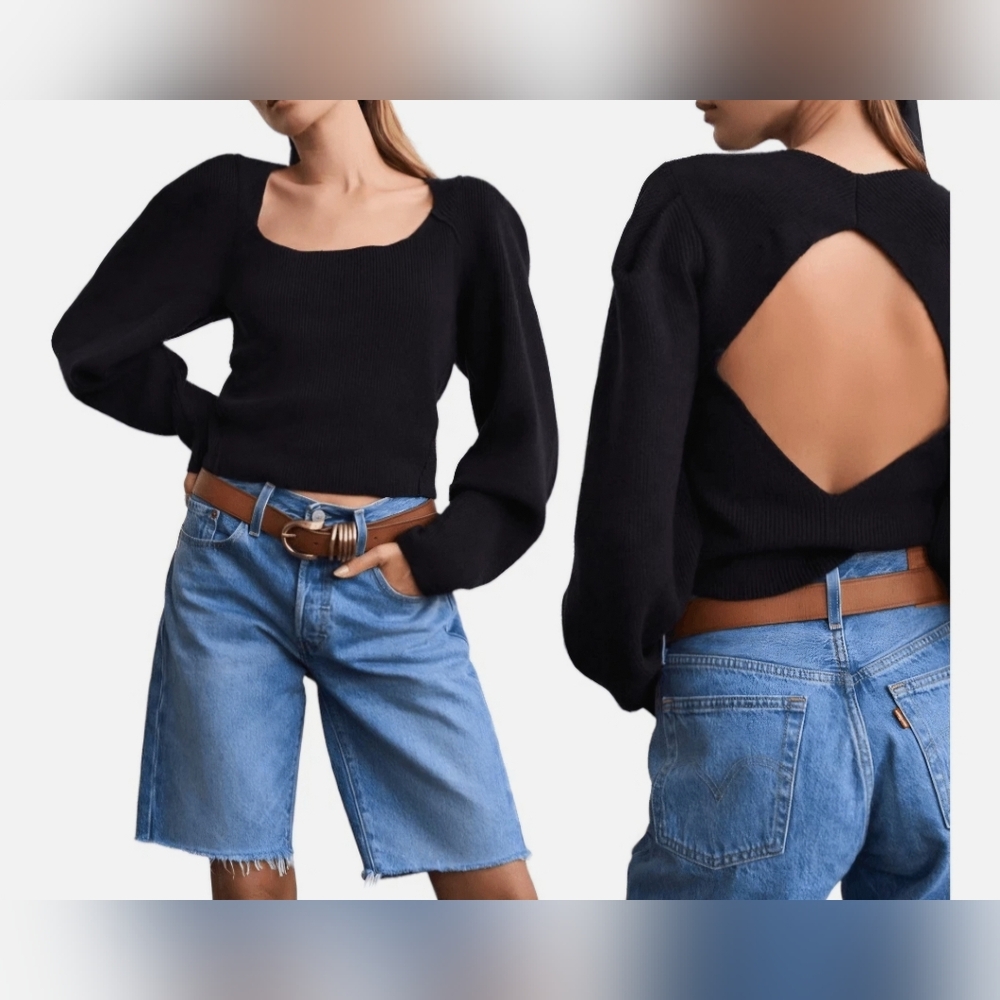 NWT Free People Downtown Chic Saffron Open Back Shaker-Knit Sweater Size M.